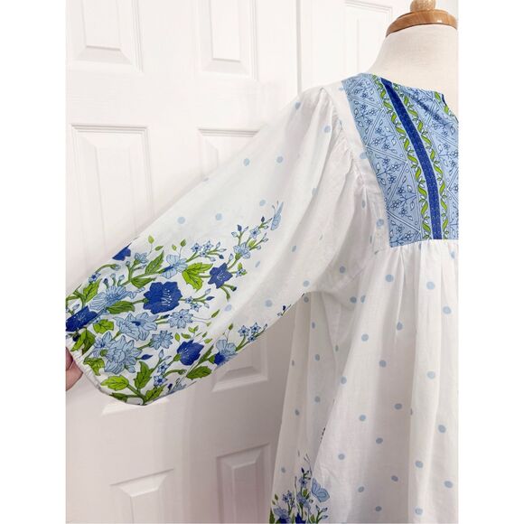 Islapayal Malaga Mini Peony Blue Floral Embroidered Capri Midi Dress Size Large - Picture 3 of 8